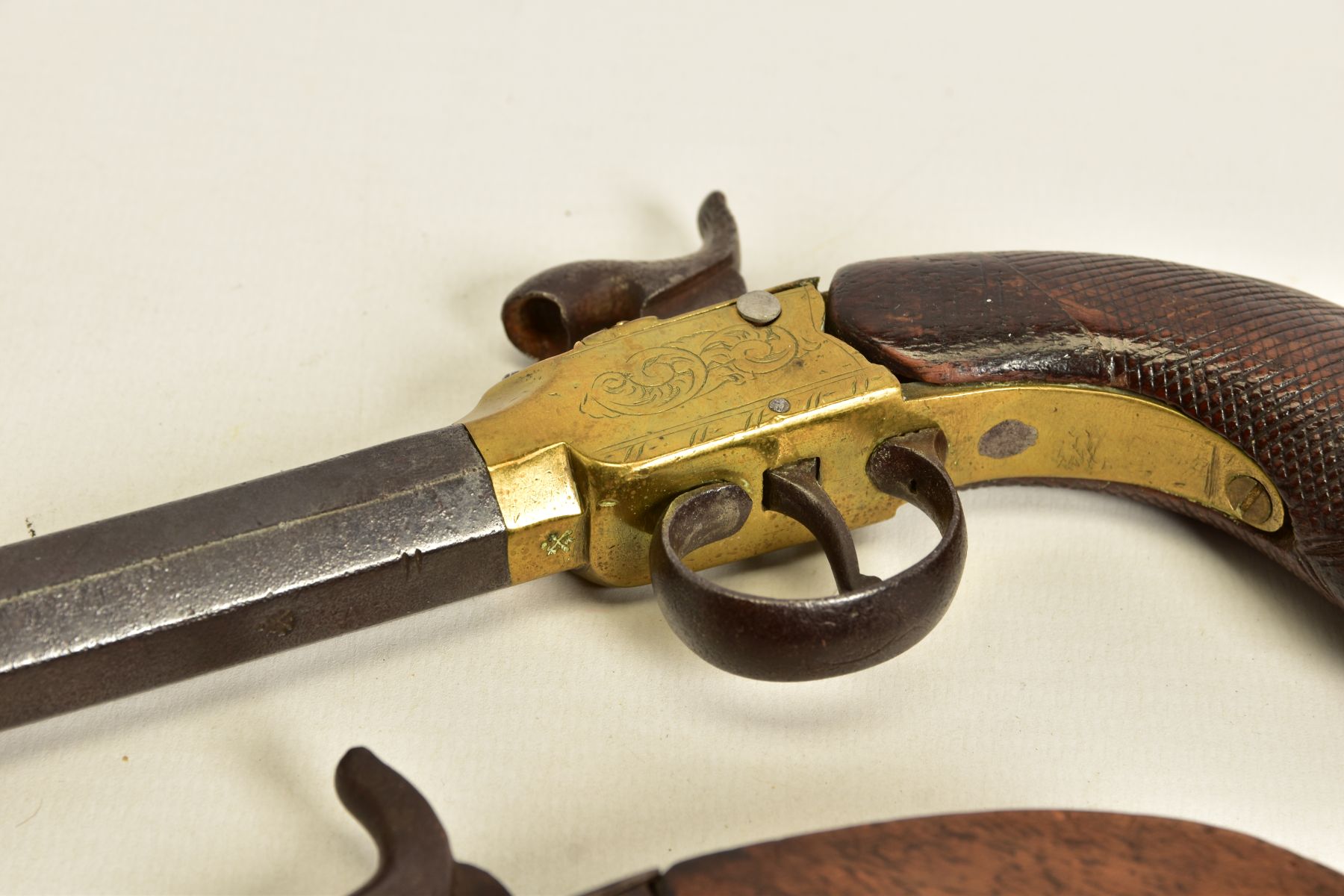 TWO ANTIQUE PERCUSSION BOXLOCK POCKET PISTOLS, the first has a round 56 bore 2¾'' screw off barrel - Image 7 of 14