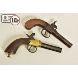 TWO ANTIQUE PERCUSSION BOXLOCK POCKET PISTOLS, the first has a round 56 bore 2¾'' screw off barrel