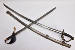 TWO MILITARY RELATED SWORDS, to include a large curved sword with metal silver coloured scabbard,