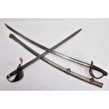 TWO MILITARY RELATED SWORDS, to include a large curved sword with metal silver coloured scabbard,