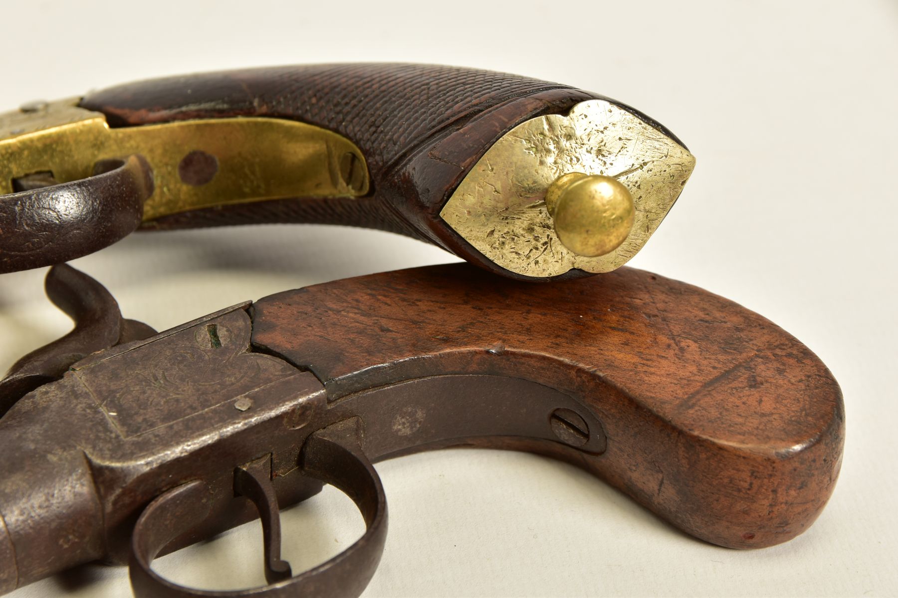 TWO ANTIQUE PERCUSSION BOXLOCK POCKET PISTOLS, the first has a round 56 bore 2¾'' screw off barrel - Image 10 of 14