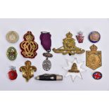 A BOX CONTAINING A NUMBER OF MILITARY RELATED BADGES, PINS, CAP BADGES ETC, South Staffs RA, For