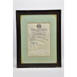 A FRAMED CERTIFICATE ON VELLUM measuring 34cm x 23cm, housed with a card border and in turn a period