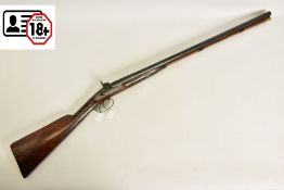 AN ANTIQUE 12 BORE SIDE BY SIDE PERCUSSION SHOTGUN BEARING THE NAME JOSEPH TYE ON THE LOCKS, it is