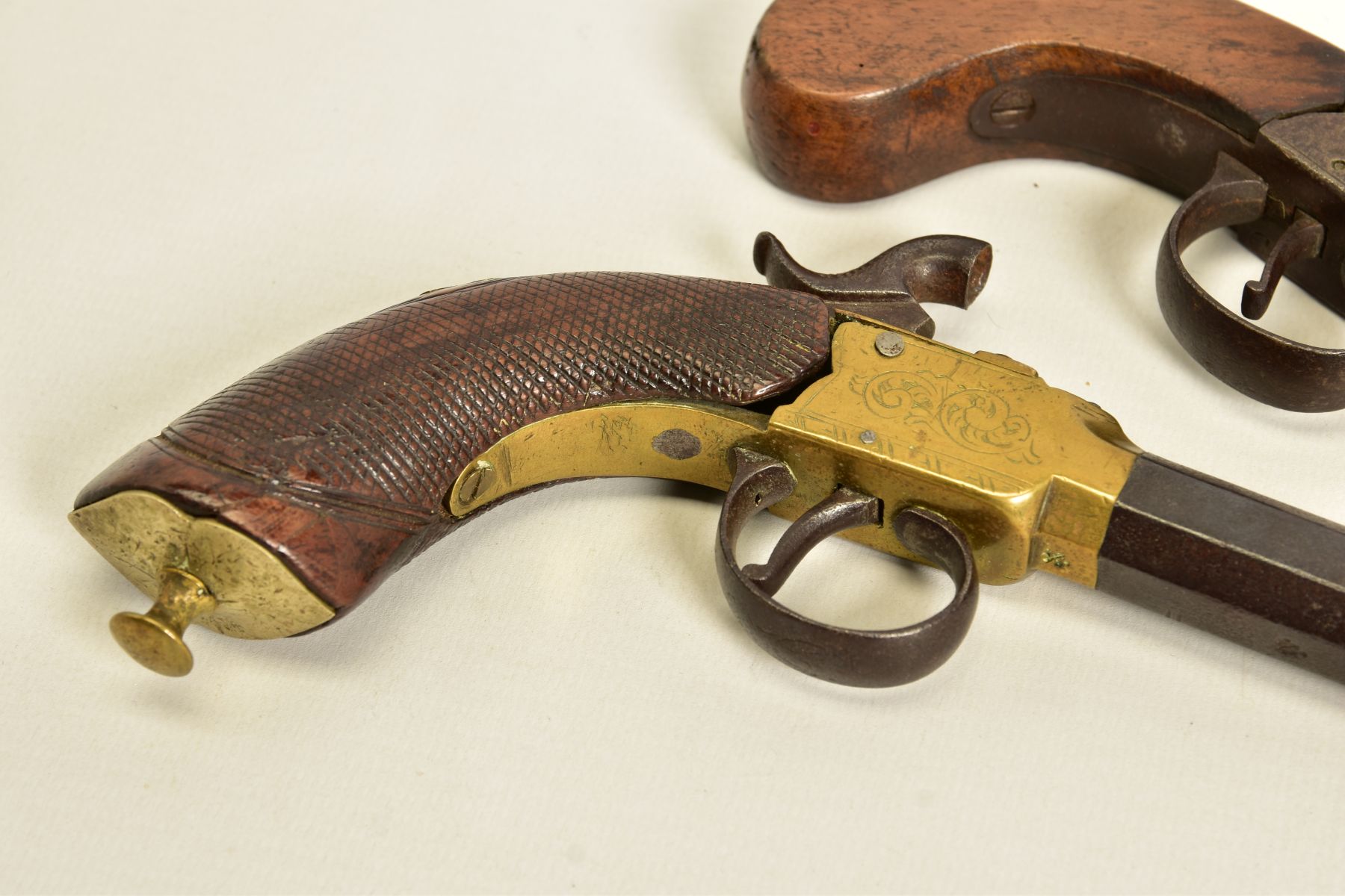 TWO ANTIQUE PERCUSSION BOXLOCK POCKET PISTOLS, the first has a round 56 bore 2¾'' screw off barrel - Image 2 of 14