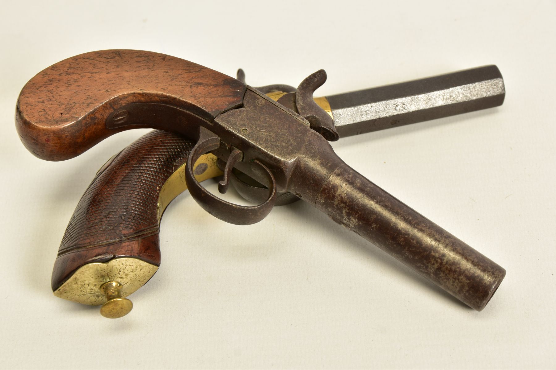 TWO ANTIQUE PERCUSSION BOXLOCK POCKET PISTOLS, the first has a round 56 bore 2¾'' screw off barrel - Image 14 of 14