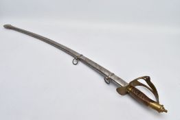 A LARGE CURVED BLADE MILITARY STYLE SWORD with silver coloured metal scabbard, blade length