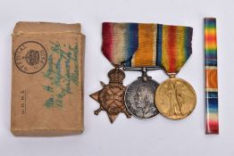 A BAR MOUNTED WWI 1914-15 STAR TRIO OF MEDALS NAMED TO 236127 H.KENYON, Royal Navy, together with