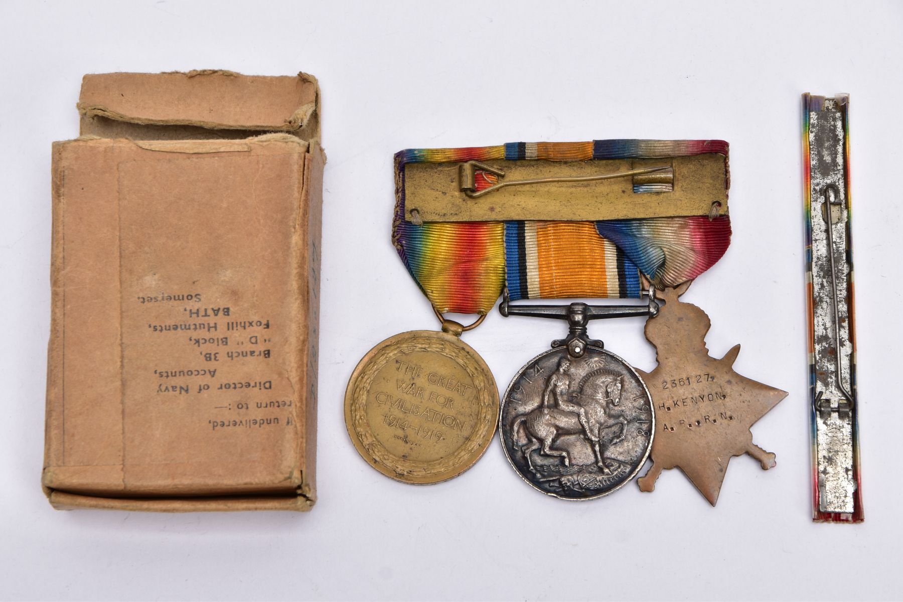 A BAR MOUNTED WWI 1914-15 STAR TRIO OF MEDALS NAMED TO 236127 H.KENYON, Royal Navy, together with - Image 3 of 4