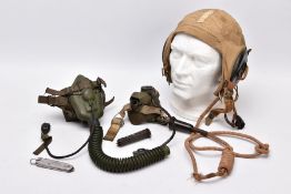 A WWII ERA USA FLYING HELMET IN BEIGE CANVAS WITH ATTACHED RADIO COMMUNICATION LEAD, the cap is by