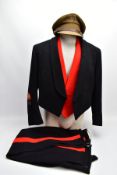 AN OFFICERS MESS DRESS EVENING WEAR SUIT, three piece jacket, waistcoat and trousers, black with red