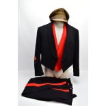 AN OFFICERS MESS DRESS EVENING WEAR SUIT, three piece jacket, waistcoat and trousers, black with red