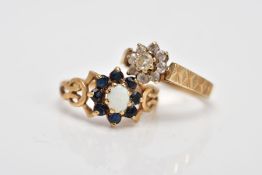 TWO 9CT GOLD GEM SET CLUSTER RINGS, the first designed with a central oval cup opal cabochon, within