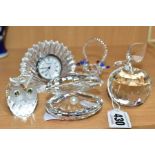 FIVE CRYSTAL ORNAMENTS, to include three Swarvoski items, an apple, height 7.5cm (reglued stalk), an