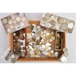 A WICKER BASKET OF MIXED COINAGE to include approximately 175 grams pre 1947 silver coins