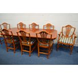 A REPRODUCTION YEWWOOD TWIN PEDESTAL DINING TABLE, with one additional leaf, extended length 217cm x