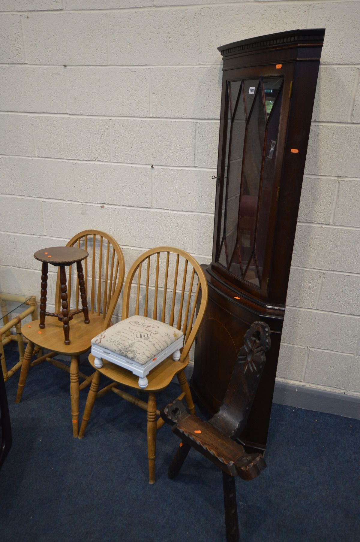 A QUANTITY OF OCCASSIONAL FURNITURE to include an oak spinning chair, small circular bobbin turned - Image 2 of 3