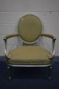 A REPRODUCTION LOUIS XVI STYLE OPEN ARMCHAIR, circular back, silver painted and patterned