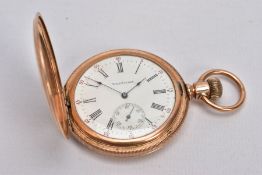 A ROLLED GOLD FULL HUNTER WALTHAM POCKET WATCH, round white dial signed 'waltham', Roman numerals,