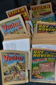 FOUR BOXES OF COMICS, titles comprising Victor, Roy of The Rovers, Tiger and Jag and Tiger and