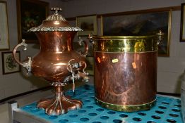 A VICTORIAN COPPER SAMOVAR with acanthus leaf handles, copper top, approximate height 44cm, together