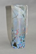 AN ISLE OF WIGHT GLASS SUMMER FRUITS IRIDESCENT VASE, of cylindrical shape, makers label to side,