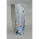 AN ISLE OF WIGHT GLASS SUMMER FRUITS IRIDESCENT VASE, of cylindrical shape, makers label to side,