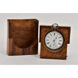 A WOODEN POCKET WATCH STAND WITH AN OPEN FACE POCKET WATCH, olive wood stand, opens to reveal an