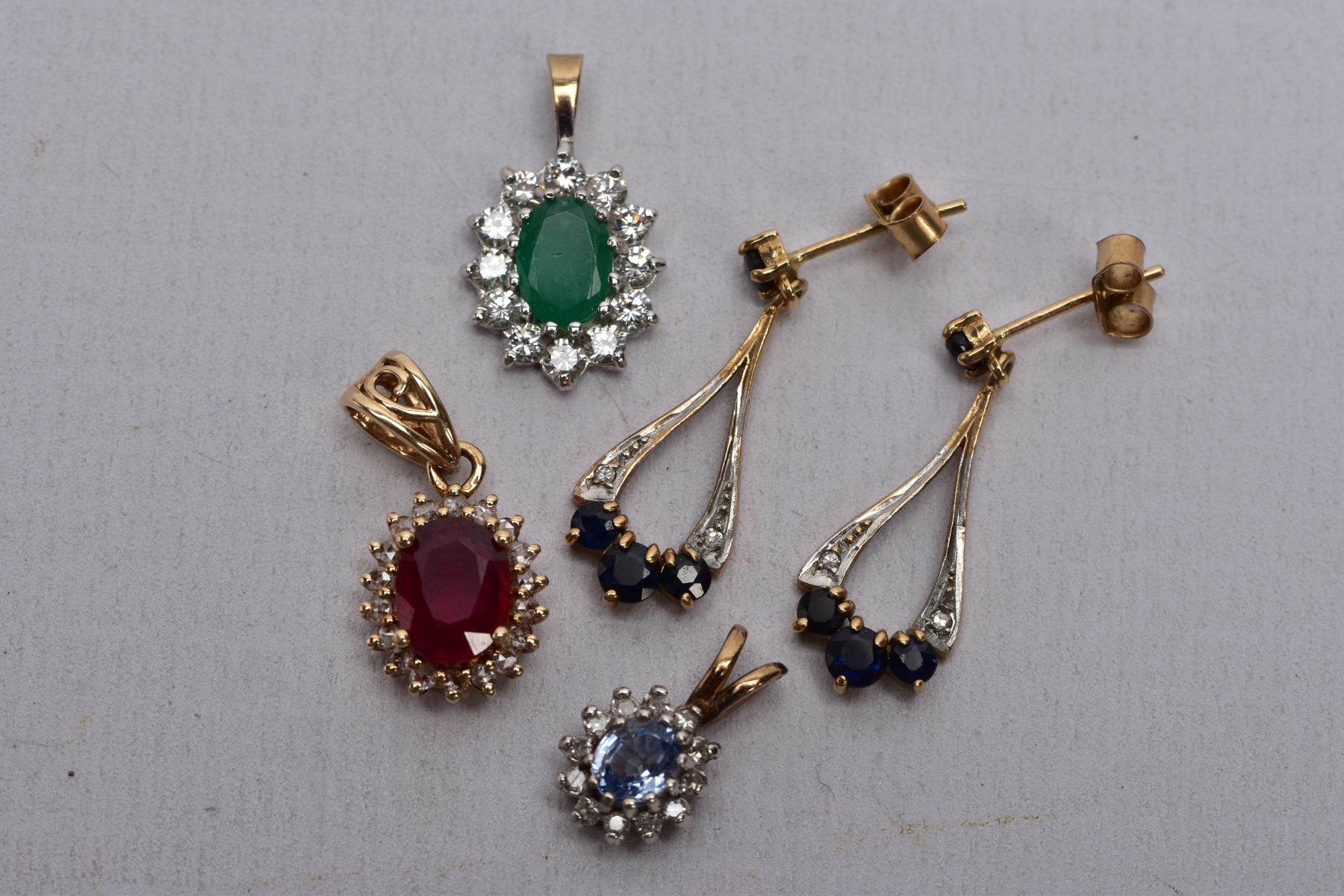 A PAIR OF 9CT GOLD SAPPHIRE AND DIAMOND DROP EARRINGS, TWO 9CT GOLD GEM SET PENDANTS AND A YELLOW