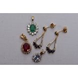 A PAIR OF 9CT GOLD SAPPHIRE AND DIAMOND DROP EARRINGS, TWO 9CT GOLD GEM SET PENDANTS AND A YELLOW