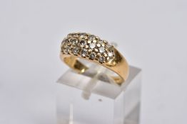 A GENTS 18CT GOLD DIAMOND RING, wide band set with a cluster of round brilliant cut diamonds,