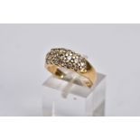 A GENTS 18CT GOLD DIAMOND RING, wide band set with a cluster of round brilliant cut diamonds,