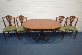 A REPRODUCTION MAHOGANY AND STRUNG EXTENDING DINING TABLE, with a fold out leaf, open length 153cm x