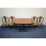 A REPRODUCTION MAHOGANY AND STRUNG EXTENDING DINING TABLE, with a fold out leaf, open length 153cm x