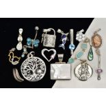A BOX OF ASSORTED WHITE METAL PENDANTS AND A BELLY BUTTON BAR, in various forms such as a white