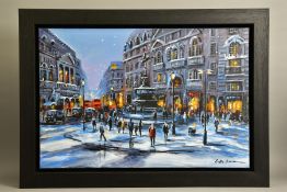 CSILLA ORBAN (HUNGARY 1961) 'WINTER IN PICCADILLY CIRCUS' a snowy London street scene, signed bottom