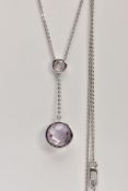 A 9CT WHITE GOLD AMETHYST AND DIAMOND PENDANT NECKLACE, a faceted circular cut amethyst, circular