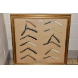 A FRAMED DISPLAY OF TWELVE STRAIGHT/CUT THROAT RAZORS, gilt framed, size of frame approximately 69cm