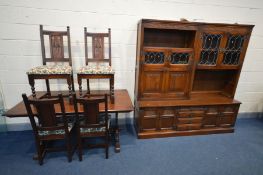 AN OLD CHARM REFECTORY TABLE, length 153cm x depth 82cm x height 75cm, four chairs and a wall