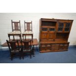 AN OLD CHARM REFECTORY TABLE, length 153cm x depth 82cm x height 75cm, four chairs and a wall