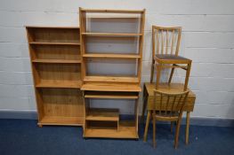 AN DROP LEAF KITCHEN TABLE, two chairs, a pine effect computer desk, pine effect open book and