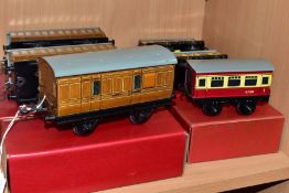 SIX BOXED HORNBY 0 GAUGE PASSENGER COACHES, 2 x No. 1 passenger coaches and passenger brake van in