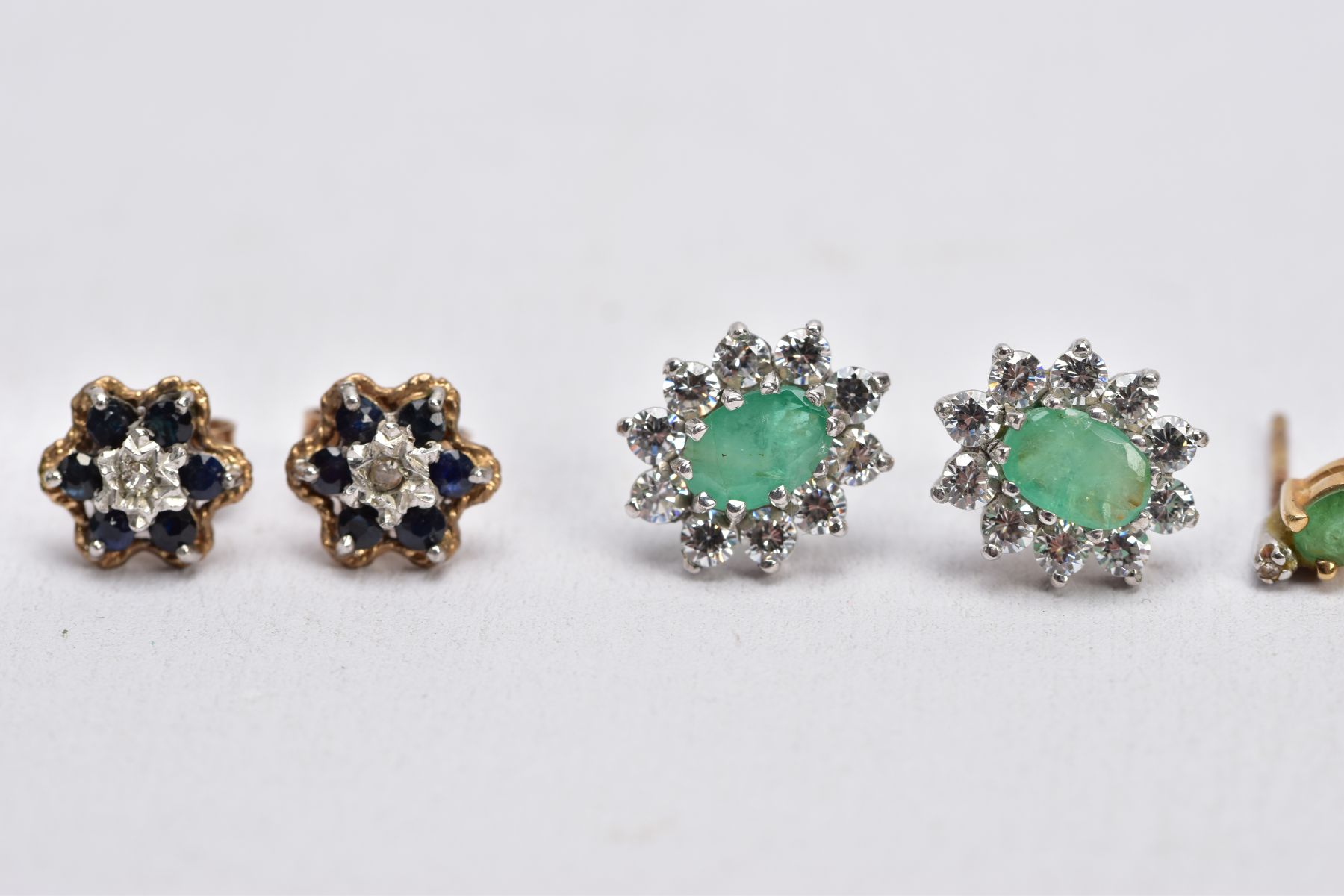 FIVE PAIRS OF GEM SET EARRINGS, to include a pair of emerald and diamond stud earrings, missing - Image 3 of 4