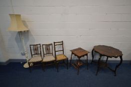 AN ARTS AND CRAFTS WALNUT OCCASSIONAL TABLE IN THE STYLE OF LIBERTY & CO, 46cm squared x height 66cm