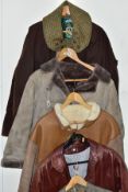 FIVE MENS AND LADIES COATS AND LOOSE BAG OF MISCELLANEOUS ITEMS, including Callaghans brown wax