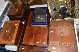 WOODEN WORK BOXES AND TRAYS ETC, to include a mahogany box in the form of a book, interior