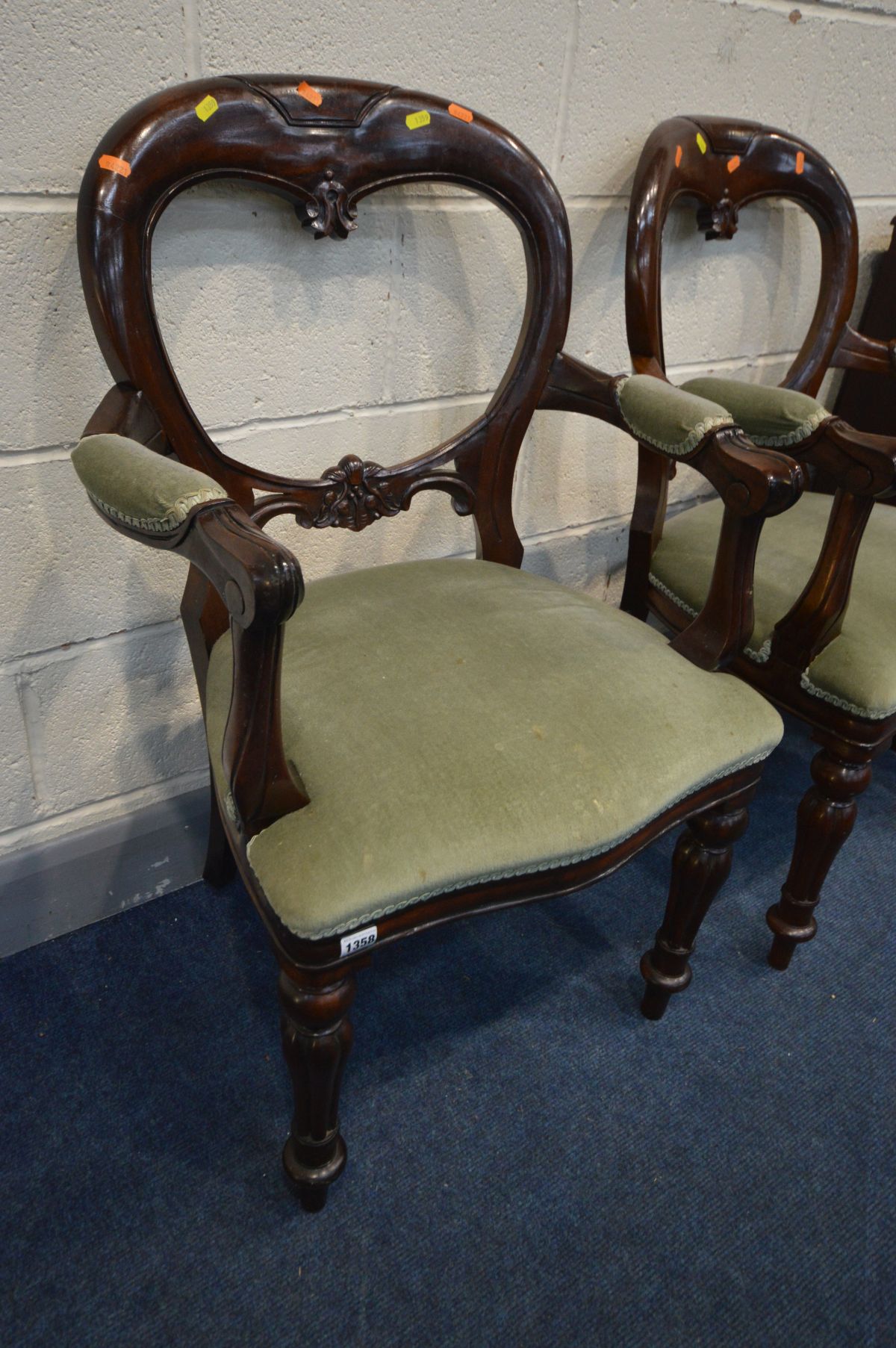 A PAIR OF REPRODUCTION VICTORIAN STYLE ARMCHAIRS, along with a mahogany two door cabinet, width 79cm - Image 2 of 3