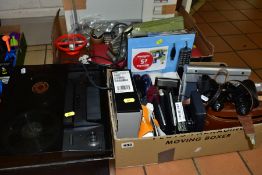 TWO BOXES AND LOOSE SUNDRY ITEMS ETC, to include a Dremel 395 Moto-Tool, in plastic box, X-Acto