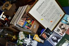 THREE BOXES AND LOOSE OF MISCELLANEOUS ITEMS, including vinyl LP's and DVD's, metalware etc, LP's