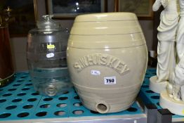 A STONEWARE BARREL, with applied raised 'S. Whiskey', height 30cm (missing tap and cover) together